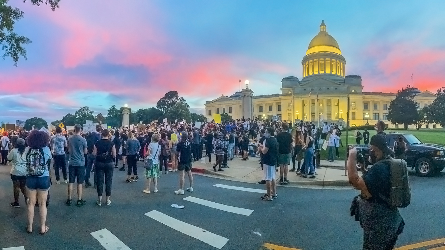 People gathered at the Arkansas Capitol