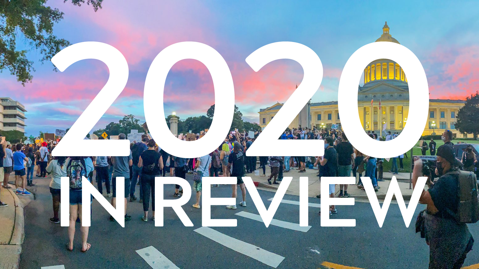 Cityscape with 2020 in review text