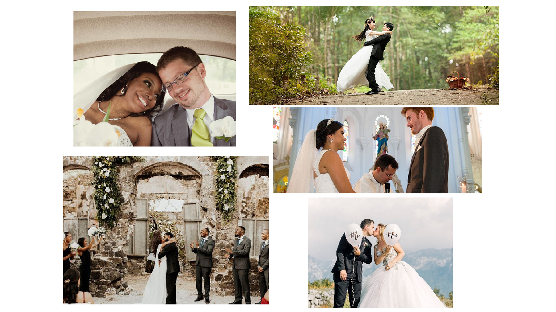 Montage of married couples at wedding