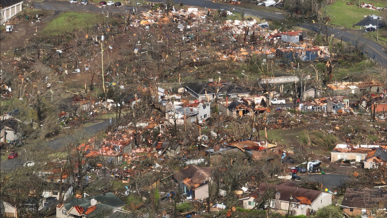 Arial shot of damage from 2023 tornado in Central Arkansas