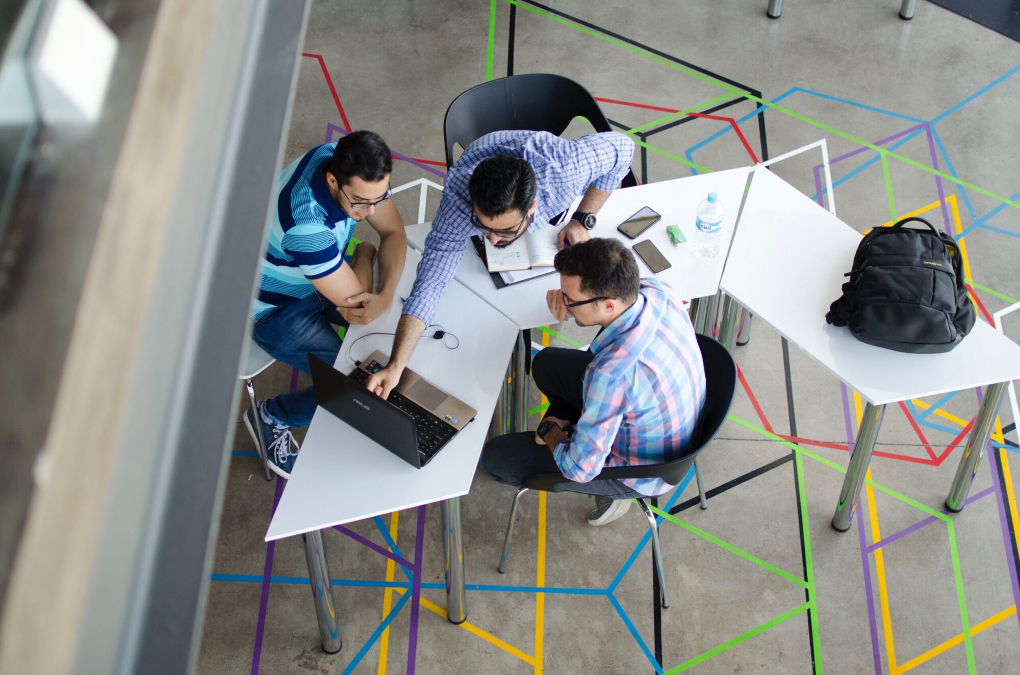 Shot from above of group at table