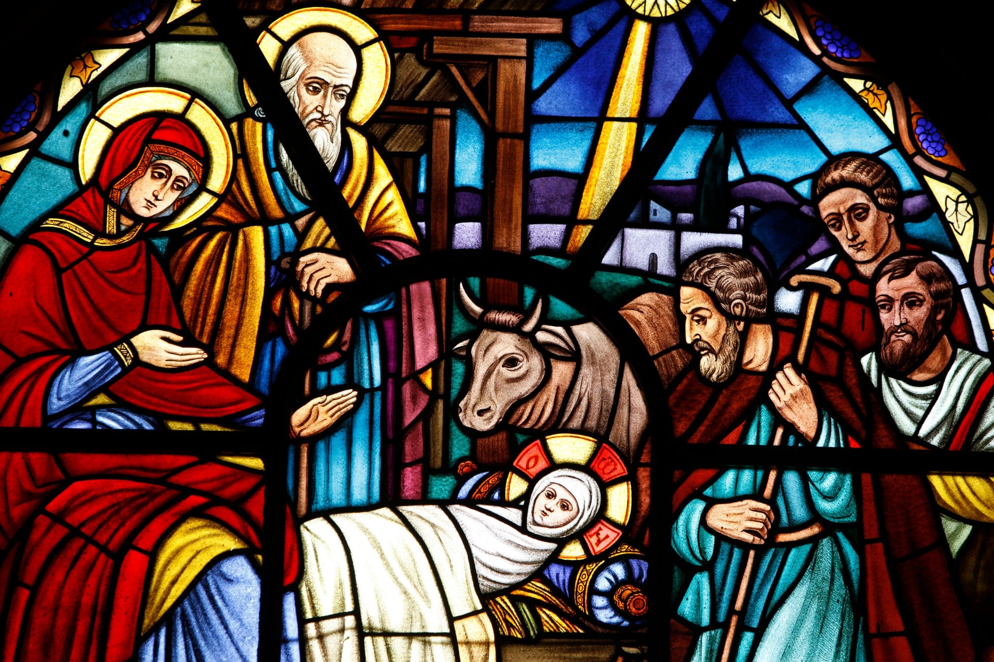 Stained glass nativity scene